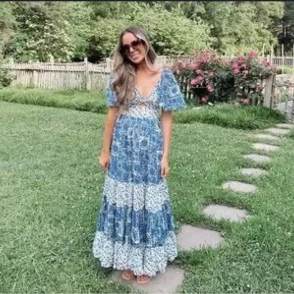 New! Abercrombie & Fitch twist tied blue print tiered maxi dress 37552.